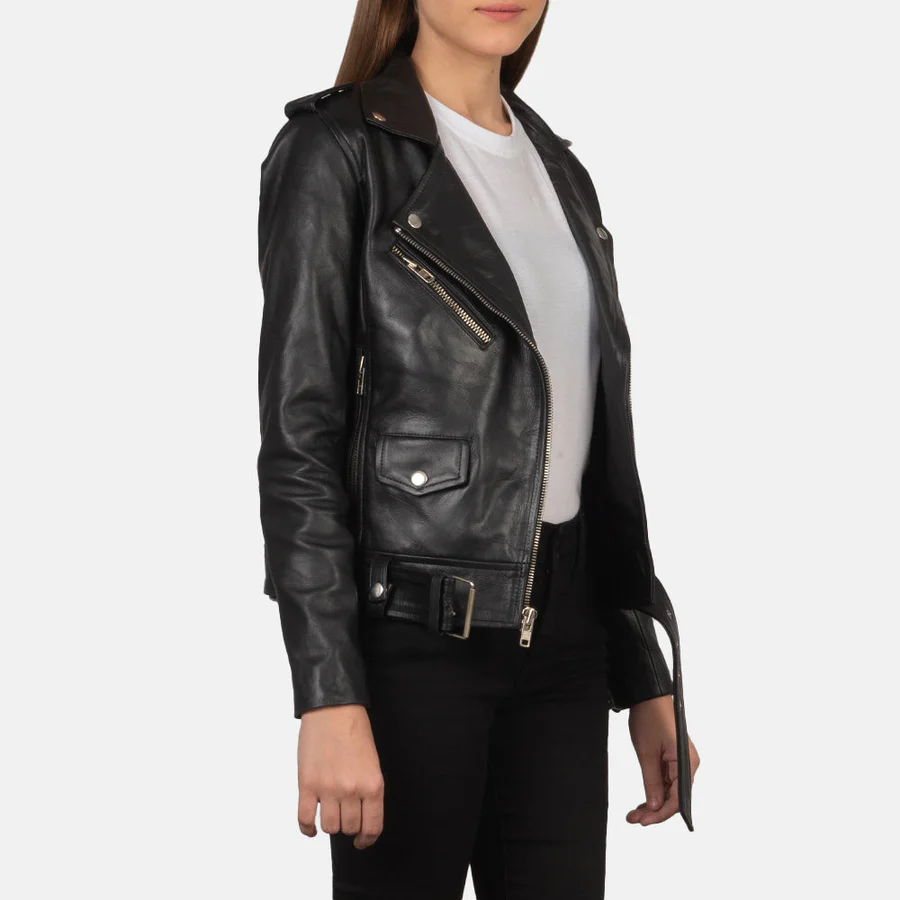 Alison Black Leather Biker Jacket - Image 2
